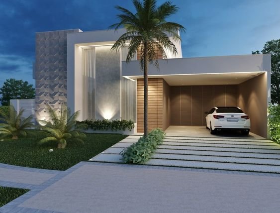 Casa chique com carro na garagem. Imagem: Pinterest.